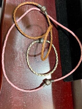 Pandora Braided Leather Bracelet Set in Pink, Tan & Cream